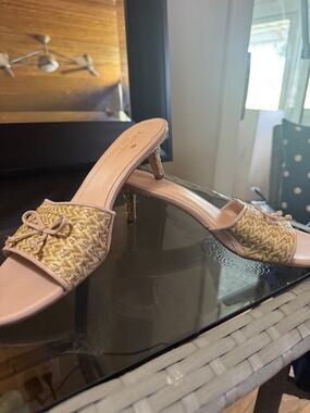 kate spade Pink Raffia Slide Mules with Bow Accent